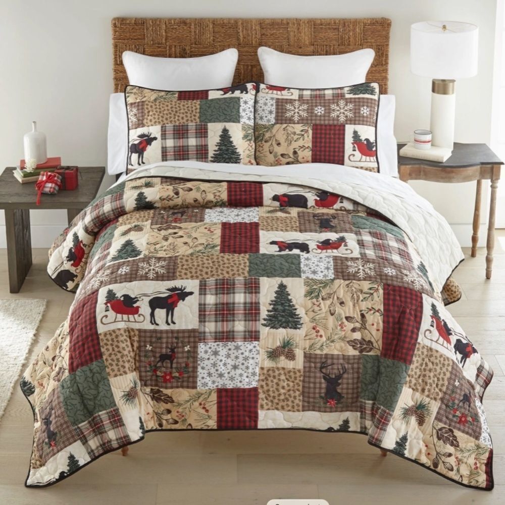 Christmas Patchwork Printed King Quilt Set Country Lodge Plaid Rustic Cabin